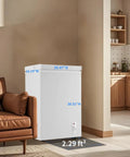 Kick Back And Chill On This 3.2 Cubic Feet Chest Freezer, compact white design in living area with dimensions for home use.