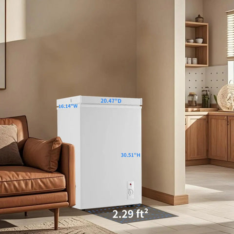 Kick Back And Chill On This 3.2 Cubic Feet Chest Freezer, compact white design in living area with dimensions for home use.