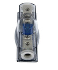 Front view of 60A Car Audio Power Wire Fuse Holder With 4 Gauge Nickel Plated Connectors, Clear See Through Cover, Heat Resistant Base, Preinstalled Fuse