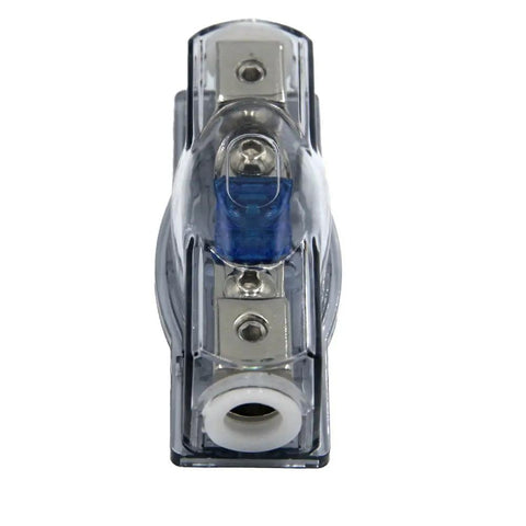 Front view of 60A Car Audio Power Wire Fuse Holder With 4 Gauge Nickel Plated Connectors, Clear See Through Cover, Heat Resistant Base, Preinstalled Fuse