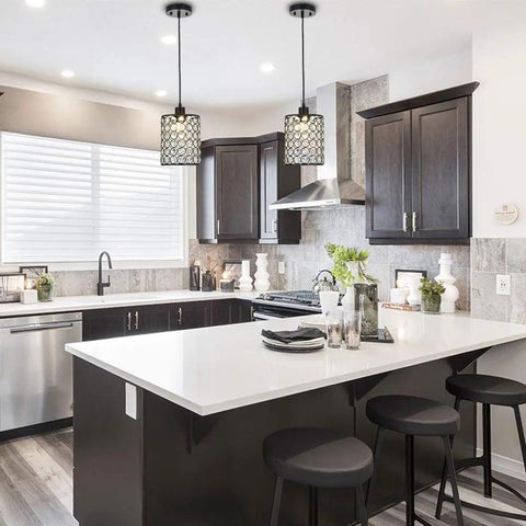 Modern kitchen with 2 Pack Chrome Crystal Pendant Lights With Long Adjustable Cords over the island