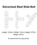 Vihyrax Gate Latch Slide Bolt Lock, 1 PC, galvanized steel, dimensions 10.24 in x 1.54 in x 0.79 in, technical drawing.