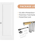 32 Inch By 80 Inch Sliding Pocket Door Kit With Track Hardware And Frame, White Paintable Door Slab, Satin Nickel Privacy Latch