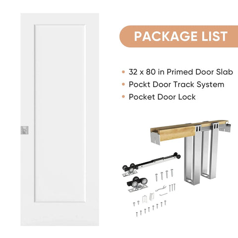 32 Inch By 80 Inch Sliding Pocket Door Kit With Track Hardware And Frame, White Paintable Door Slab, Satin Nickel Privacy Latch