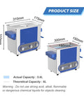 Big 6 Liter Ultrasonic Cleaner With Digital Timer And Heat Function For PCBs Jewelry Tools showing dimensions and features.