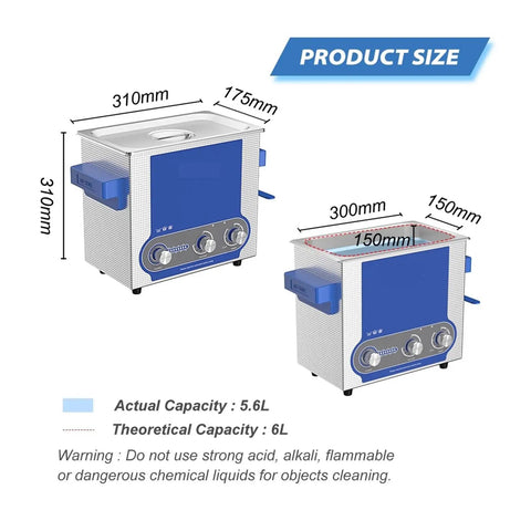 Big 6 Liter Ultrasonic Cleaner With Digital Timer And Heat Function For PCBs Jewelry Tools showing dimensions and features.