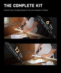 Hella Smooth Cordless Mini Reciprocating Saw For Wood And PVC Cutting with 6 TPI and 12 TPI blades on a workbench.