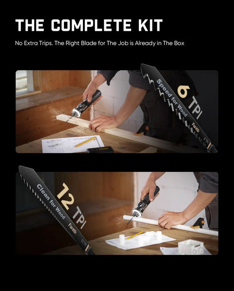 Hella Smooth Cordless Mini Reciprocating Saw For Wood And PVC Cutting with 6 TPI and 12 TPI blades on a workbench.
