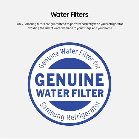 Logo for Genuine Refrigerator Water Filter, emphasizing Samsung compatibility for clean fresh tasting drinking water.