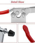 Close-up details of Six Pack Horizontal Toggle Clamp Set With 27Kg Quick Release, red handle and metal clamp features shown.