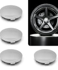 Heavy Duty Snap In Wheel Center Caps 4 Pack Universal Hub Covers with silver finish shown from various angles on a black background.