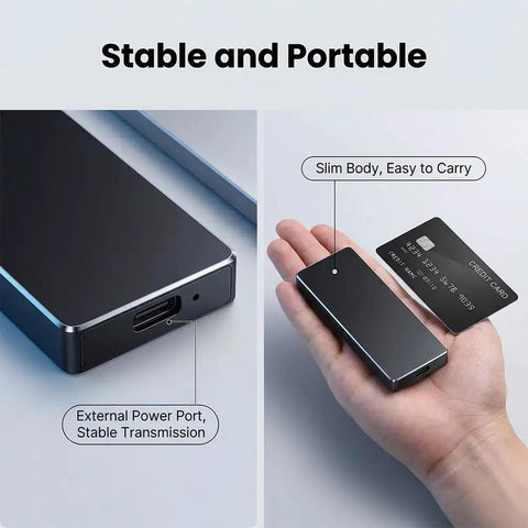 2TB Portable External SSD With USB 3.1 Dope Speed Transmission, M2 SATA Compatible Portable Solid State Drive For Android Windows MacOS, Ultra Slim Design Includes Storage Bag Black shown in hand with power port