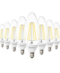 10 Pack Dusk To Dawn LED B11 Filament Candelabra Bulbs For Porch Lighting With E12 Base, shown in a row, clear filament