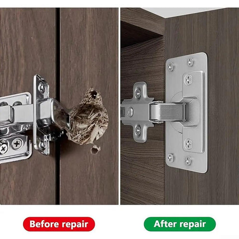 Before and after repair with Stainless Steel Cabinet Hinge Repair Plate Fixing Bracket With Screws, Rust Resistant Silver Finish