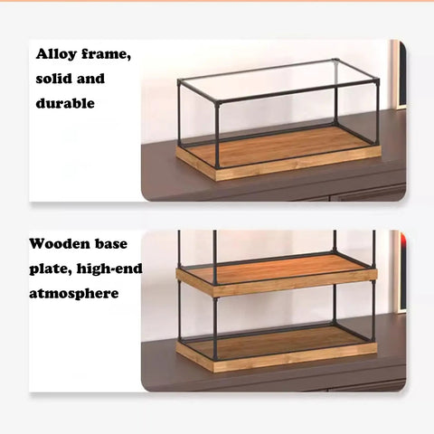 Durable Acrylic Display Case For 76232 Airships Model Set with alloy frame and wooden base, shown on tabletop.