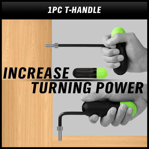 Hand using 1pc T-handle from 27 Piece Long Arm Allen Wrench Set With Ball End Hex Keys, Beefy T Handle Design, Inch And Metric