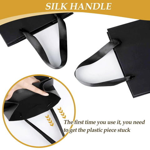 Black Gift Bags With Handles And Tissue Paper Set, 8 By 5 By 10 Inches, 4 Pack with silk handles detail
