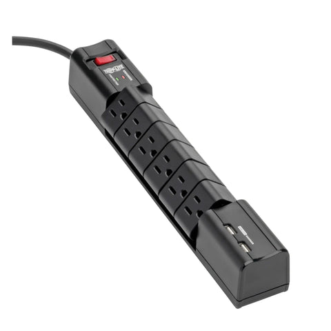 Black Six Rotatable Outlets Surge Protector Power Strip With Eight Foot Cord And Two USB Ports For Home Office And Electronics