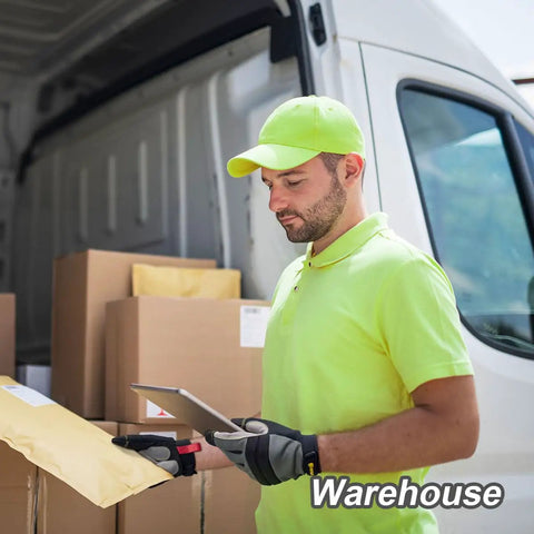 Man wearing Mens Work Gloves KG125M Mechanic Utility All Purpose loading boxes into a van, touchscreen ready gloves visible