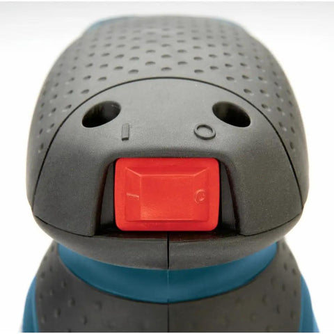 Close-up of the Handheld Palm Sander And Polisher With Variable Speed 7500 To 12000 OPM showing the red power switch and grip texture.