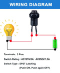 Wiring diagram for 12 Pack 12Mm Latching Push Button Switches Plug And Play SPST On Off Normally Open Pre Wired Dual Voltage.