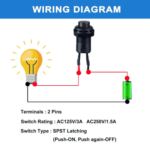 Wiring diagram for 12 Pack 12Mm Latching Push Button Switches Plug And Play SPST On Off Normally Open Pre Wired Dual Voltage.