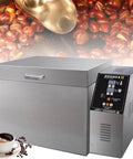 Smooth Operator Electric Coffee Roaster Machine With Smart Digital Timer And Exact Temp Control For Fresh Roasting Beans Nuts Chestnuts Commercial Flip Stirring Drum Oven Setup with silver finish and digital controls.