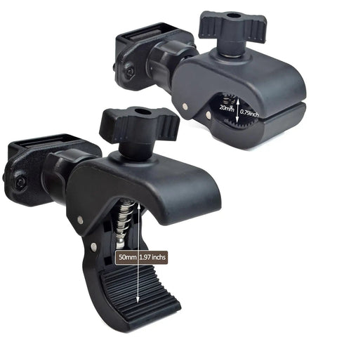Heavy-Duty Motorcycle Walkie Talkie Mount for Bikes and ATVs, showing 0.79-1.97 inch clamp in black ABS, ideal for handlebars.