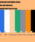 Color samples of thickened, highly sticky adhesive tape in various shades including blue, gray, and orange on display.