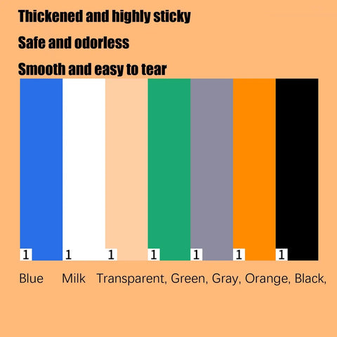 Color samples of thickened, highly sticky adhesive tape in various shades including blue, gray, and orange on display.