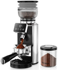 Premium Rock Solid Professional Conical Burr Coffee Grinder With Rust Proof Stainless Steel Body, digital timer, and portafilter holder.