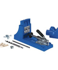 Premium Pocket Hole Jig System With Five Piece Screw Kit And Adjustable Face Clamp For Rock Solid Wood Joinery, blue tool with clamp and screws.