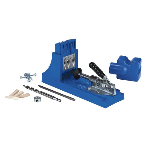 Premium Pocket Hole Jig System With Five Piece Screw Kit And Adjustable Face Clamp For Rock Solid Wood Joinery, blue tool with clamp and screws.