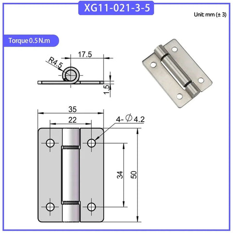 Front and side views of a stainless steel flat torque hinge, 1 pc for cabinet doors.