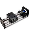 Built Tough Linear Guide Rail Kit With Ball Screw And Coupling Offering Zero Stick Slip Motion Perfect For 3D Printers And CNC Rigs close-up view of black mounting blocks and silver rail.
