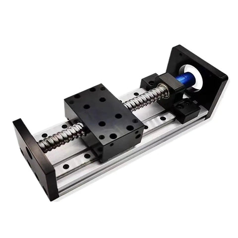 Built Tough Linear Guide Rail Kit With Ball Screw And Coupling Offering Zero Stick Slip Motion Perfect For 3D Printers And CNC Rigs close-up view of black mounting blocks and silver rail.