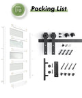 36x84 White Frosted Glass Barn Door With Sliding Hardware Kit Included, PVC Finish shown with hardware and installation components.