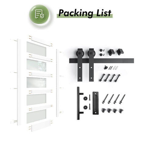 36x84 White Frosted Glass Barn Door With Sliding Hardware Kit Included, PVC Finish shown with hardware and installation components.