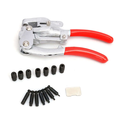Beefy Heavy Duty Hand Held Power Hole Punch Set for sheet metal with red handles, 16-piece chrome vanadium steel parts visible.