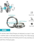 Three Inch V Band Exhaust Clamp With Flange Stainless Steel for 3 Inch Exhaust Piping shown with dimensions and assembly details