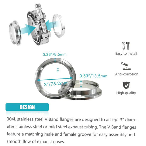 Three Inch V Band Exhaust Clamp With Flange Stainless Steel for 3 Inch Exhaust Piping shown with dimensions and assembly details