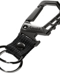 Heavy Duty Key Chain With Bottle Opener, Tough Car Keychain Set Featuring Metal Snap Hook Carabiner Clip, Dual Key Rings And Key Storage, Built Tough For Men And Women, Black Finish. Black metal carabiner keychain with nylon strap and dual rings.
