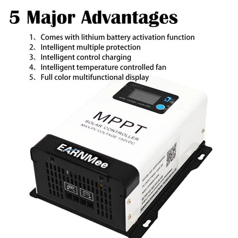 60A MPPT Solar Charge Controller with 18-150VDC input, adjustable 12V/24V/48V output, displayed with advantages text.