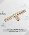 Heavy Duty Galvanized Steel Slide Bolt Latch For Garden Gates Barn Doors And Storage Sheds Rust Resistant Zinc Plated Security Lock in close-up view.