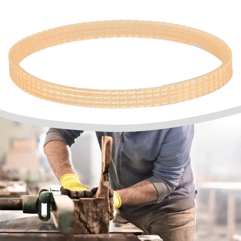 V Ribbed Drive Belt For 10-12 Inch Woodworking Band Saws Pro Grade PU Material Replacement Conveyor Belt 340mm Circumference And 10mm Wide Heavy Duty Motor Drive Accessory For Wood Cutting Machines, tan ribbed belt on white background