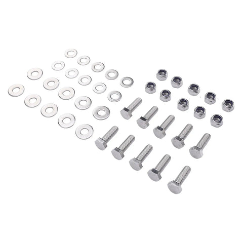 Stainless Steel Rear Crossmember Bolt Kit For Series 2 2A 3 Tub Installation Direct Replacement Hardware Kit With 10 Bolts 10 Locknuts And 20 Washers For Tight Fit And Durable Rust Resistant Performance, bolts nuts washers laid out