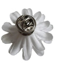 Top view of White Daisy Lapel Pin Fabric Flower Boutonniere for Suits and Blazers with metal clip, 1.18 inch size.