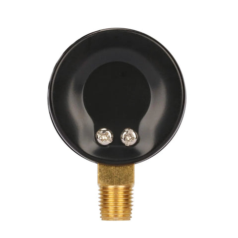 Back view of 2-inch black pressure gauge with brass 1/4-inch NPT lower mount