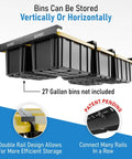 Heavy Duty Connectable Ceiling Garage Storage Rack System With Metal Rails Built Tough Expandable Shelving installed with bins