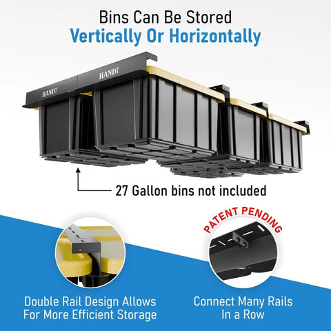 Heavy Duty Connectable Ceiling Garage Storage Rack System With Metal Rails Built Tough Expandable Shelving installed with bins